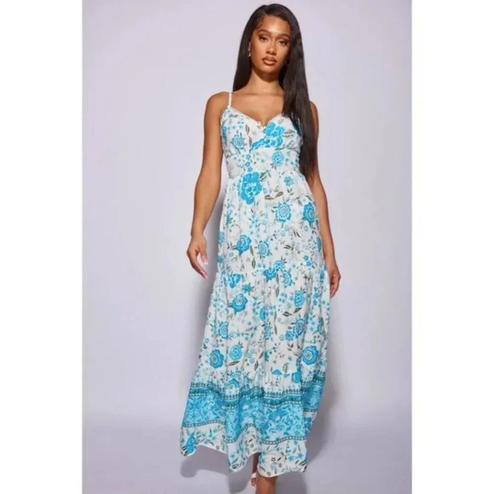 Blue Floral Print V-Neck Open Back Tiered Maxi Dress - Picture 2 of 15